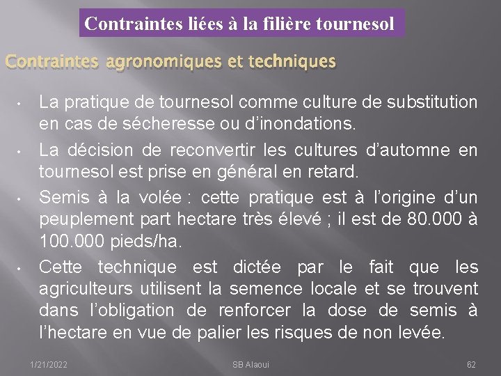 Contraintes liées à la filière tournesol Contraintes agronomiques et techniques • • La pratique