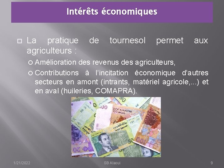 Intérêts économiques La pratique agriculteurs : de tournesol permet aux Amélioration des revenus des