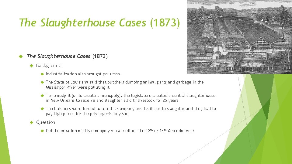 The Slaughterhouse Cases (1873) Background Industrialization also brought pollution The State of Louisiana said