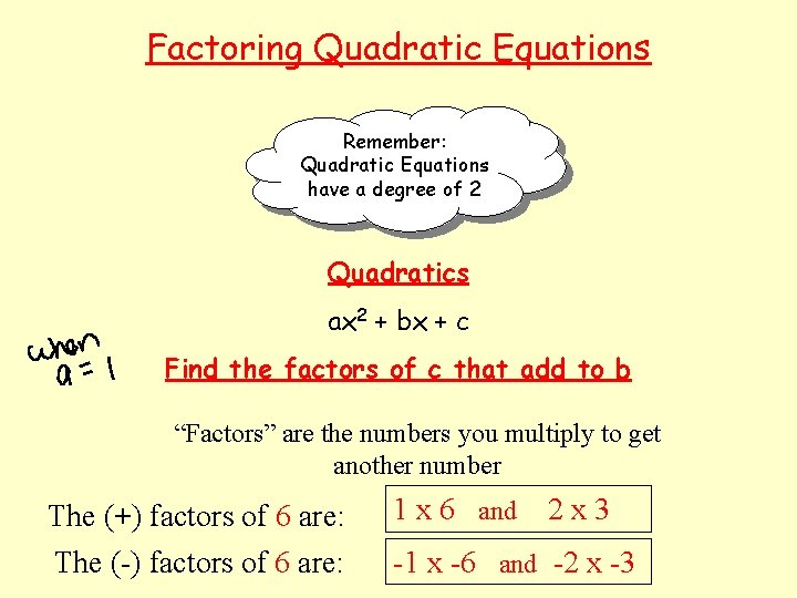 Factoring Quadratic Equations Remember: Quadratic Equations have a degree of 2 Quadratics ax 2