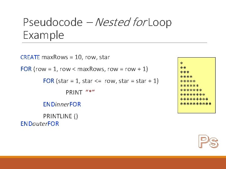 Pseudocode – Nested for Loop Example CREATE max. Rows = 10, row, star FOR Pseudocode – Nested for Loop Example CREATE max. Rows = 10, row, star FOR