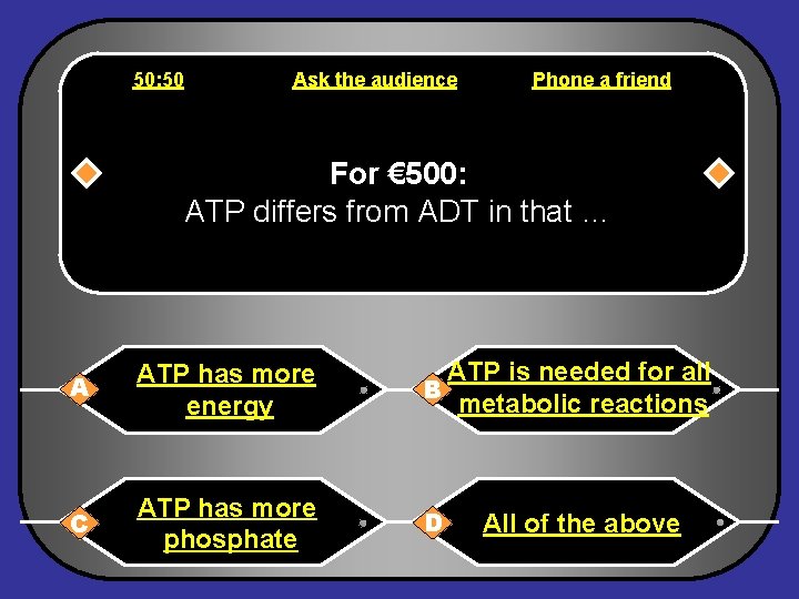 50: 50 Ask the audience Phone a friend For € 500: ATP differs from