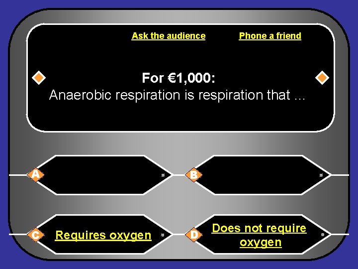 Ask the audience Phone a friend For € 1, 000: Anaerobic respiration is respiration