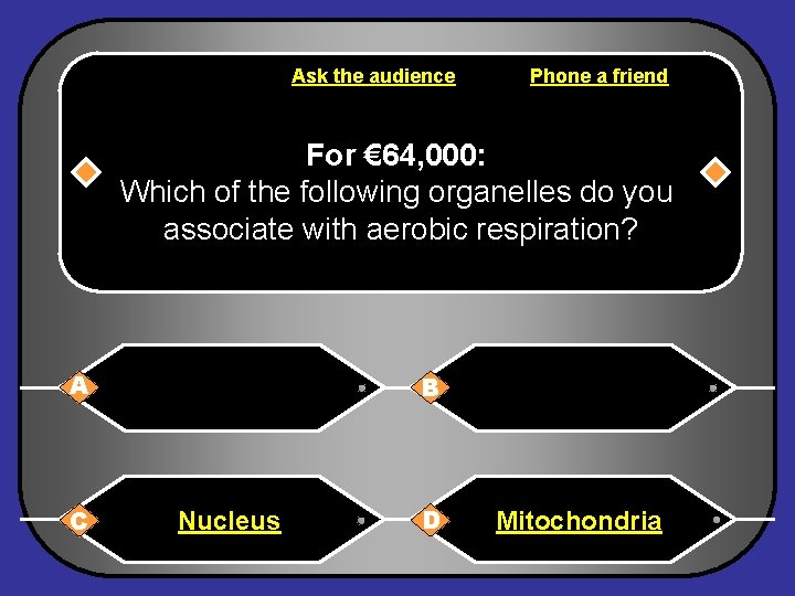 Ask the audience Phone a friend For € 64, 000: Which of the following