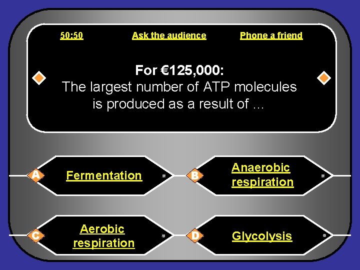 50: 50 Ask the audience Phone a friend For € 125, 000: The largest