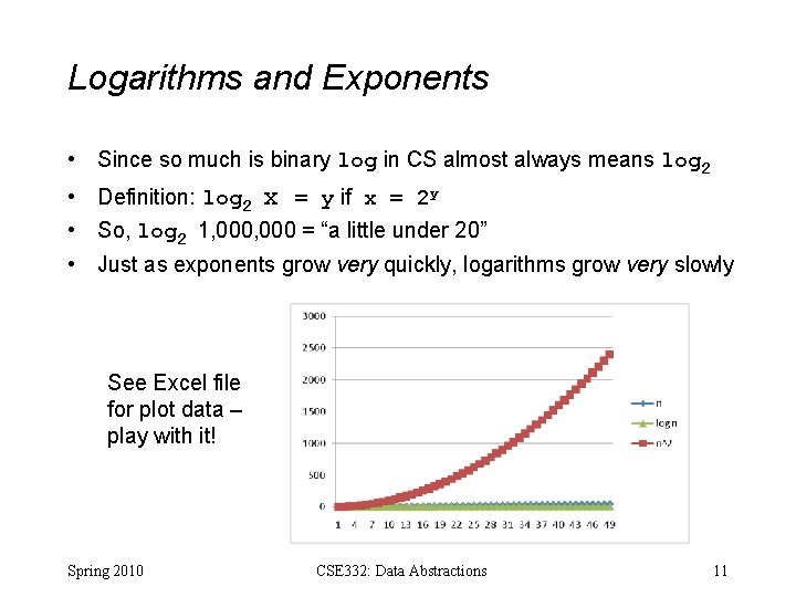 Logarithms and Exponents • Since so much is binary log in CS almost always