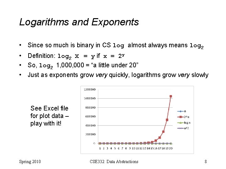 Logarithms and Exponents • Since so much is binary in CS log almost always