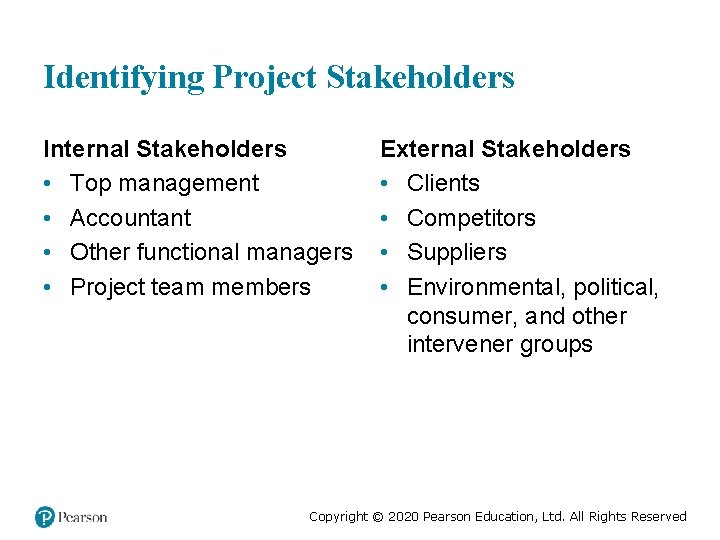 Identifying Project Stakeholders Internal Stakeholders • Top management • Accountant • Other functional managers