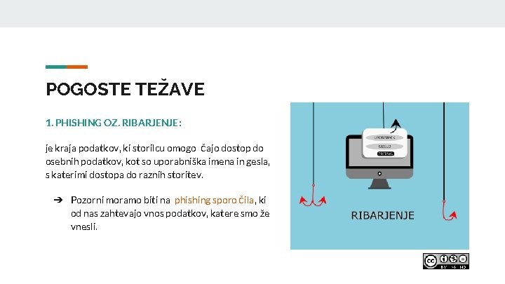 POGOSTE TEŽAVE 1. PHISHING OZ. RIBARJENJE: je kraja podatkov, ki storilcu omogo čajo dostop