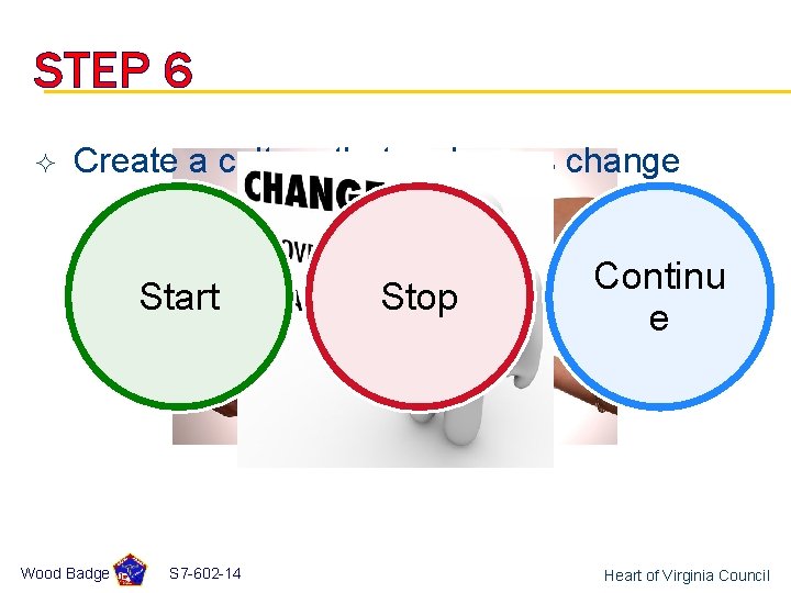 STEP 6 ² Create a culture that embraces change Start Wood Badge S 7