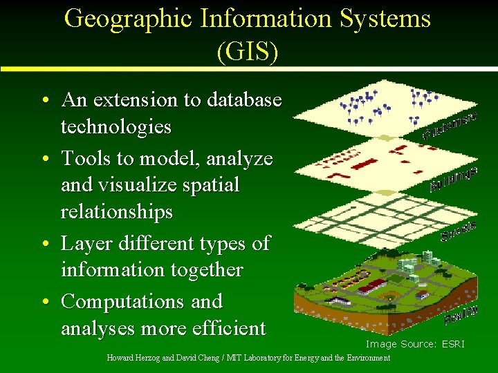 Geographic Information Systems (GIS) • An extension to database technologies • Tools to model,