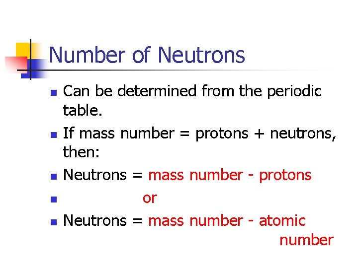Number of Neutrons n n n Can be determined from the periodic table. If