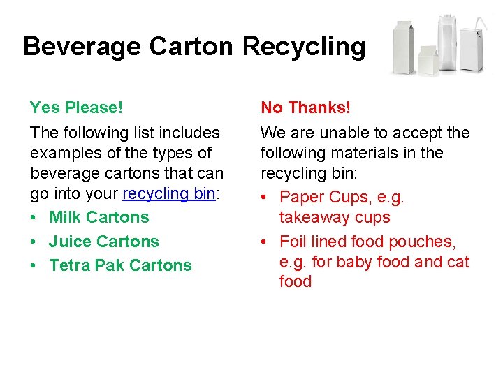 Beverage Carton Recycling Yes Please! No Thanks! The following list includes examples of the