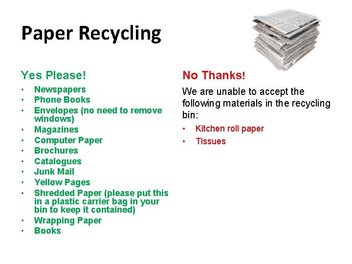 Paper Recycling Yes Please! No Thanks! • • • We are unable to accept