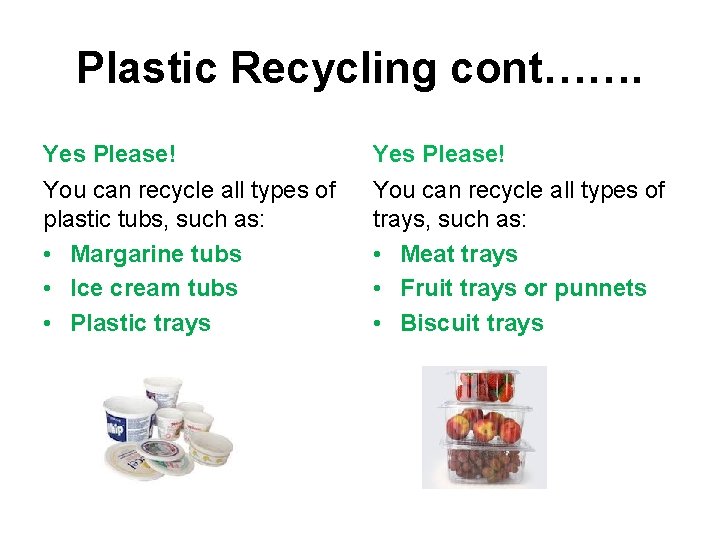 Plastic Recycling cont……. Yes Please! You can recycle all types of plastic tubs, such