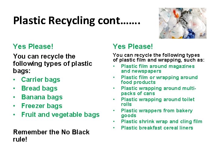 Plastic Recycling cont……. Yes Please! You can recycle the following types of plastic bags: