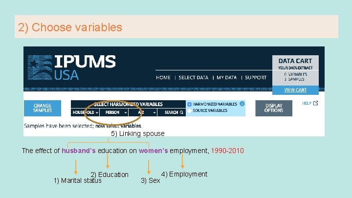 2) Choose variables 5) Linking spouse The effect of husband’s education on women’s employment,