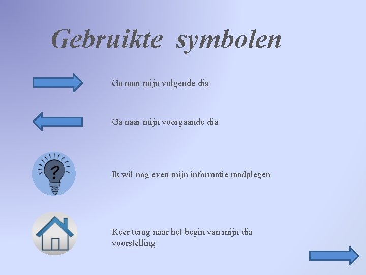 Gebruikte symbolen Ga naar mijn volgende dia Ga naar mijn voorgaande dia Ik wil