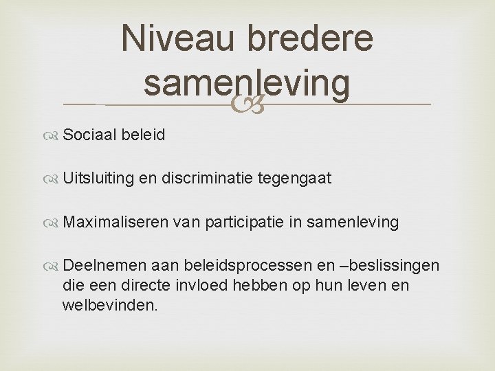 Niveau bredere samenleving Sociaal beleid Uitsluiting en discriminatie tegengaat Maximaliseren van participatie in samenleving