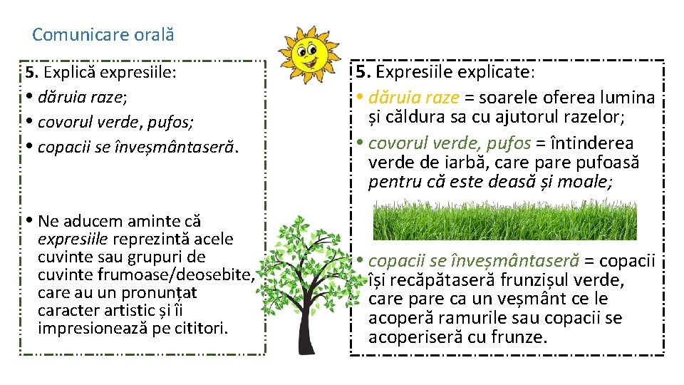 Comunicare orală 5. Explică expresiile: dăruia raze; covorul verde, pufos; copacii se înveșmântaseră. Ne