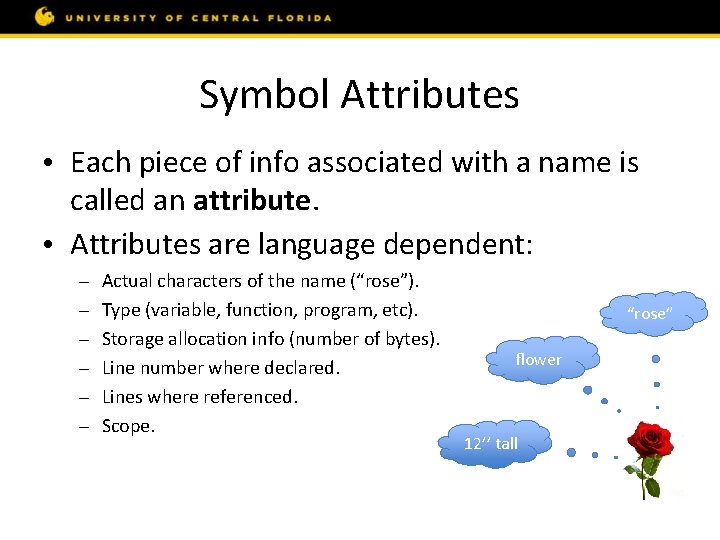 Symbol Attributes • Each piece of info associated with a name is called an