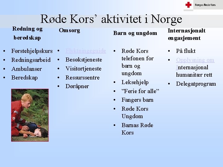 Røde Kors’ aktivitet i Norge • • Redning og beredskap Omsorg Barn og ungdom