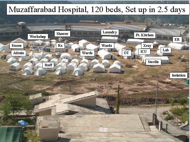 Muzaffarabad Hospital, 120 beds, Set up in 2. 5 days Workshop Stores Laundry Shower