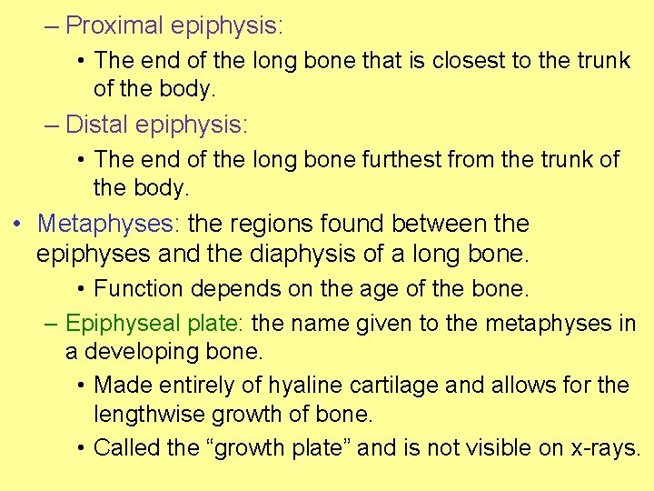 – Proximal epiphysis: • The end of the long bone that is closest to