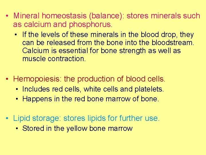  • Mineral homeostasis (balance): stores minerals such as calcium and phosphorus. • If