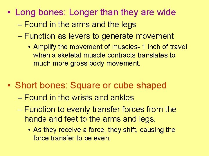  • Long bones: Longer than they are wide – Found in the arms
