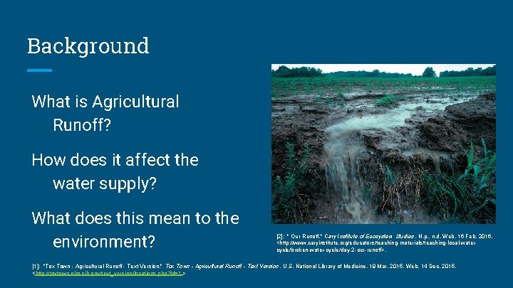 Background What is Agricultural Runoff? How does it affect the water supply? What does