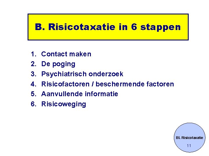 B. Risicotaxatie in 6 stappen 1. 2. 3. 4. 5. 6. Contact maken De