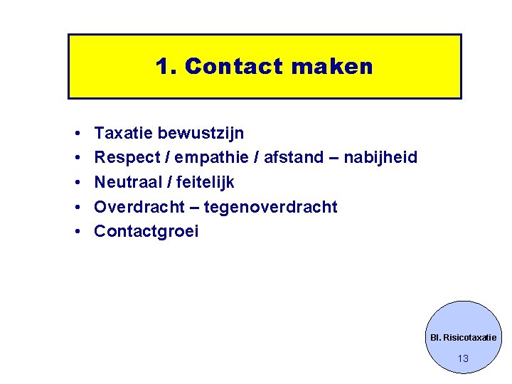 1. Contact maken • • • Taxatie bewustzijn Respect / empathie / afstand –