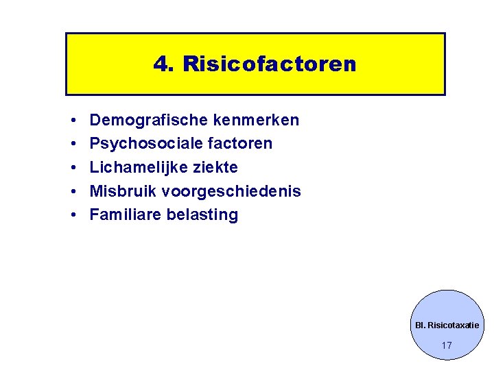 4. Risicofactoren • • • Demografische kenmerken Psychosociale factoren Lichamelijke ziekte Misbruik voorgeschiedenis Familiare