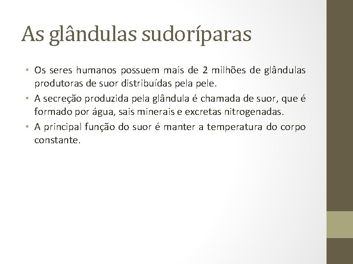 As glândulas sudoríparas • Os seres humanos possuem mais de 2 milhões de glândulas