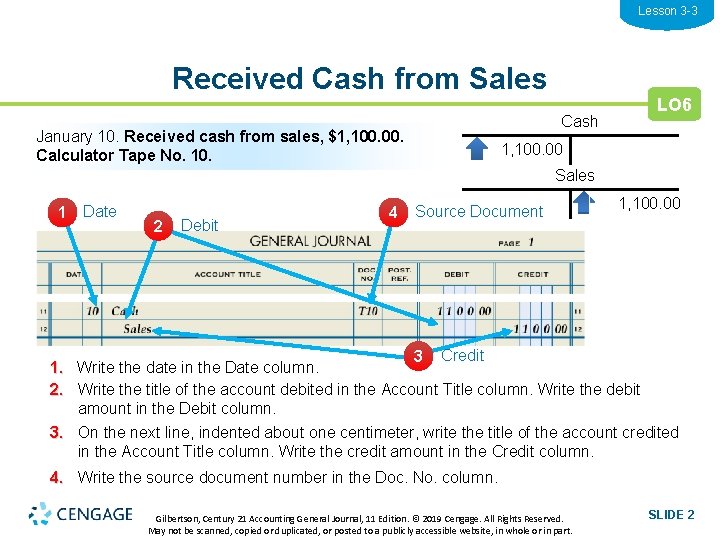 Lesson 3 -3 Received Cash from Sales Cash January 10. Received cash from sales,