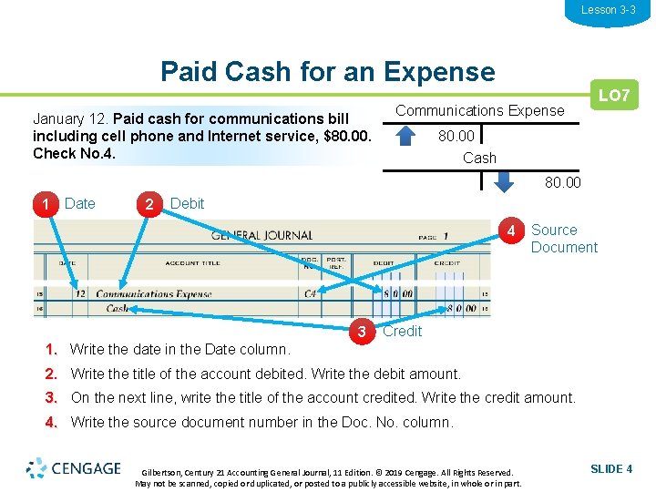 Lesson 3 -3 Paid Cash for an Expense January 12. Paid cash for communications