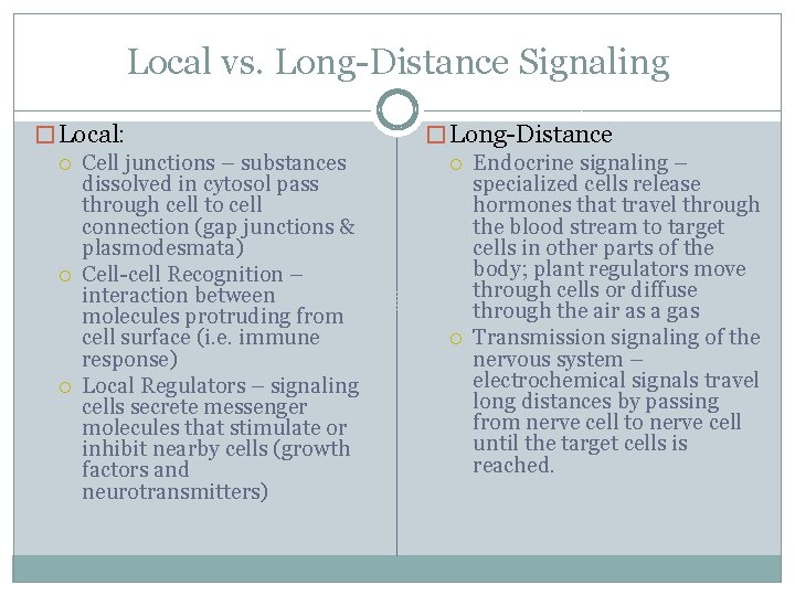 Local vs. Long-Distance Signaling � Local: Cell junctions – substances dissolved in cytosol pass