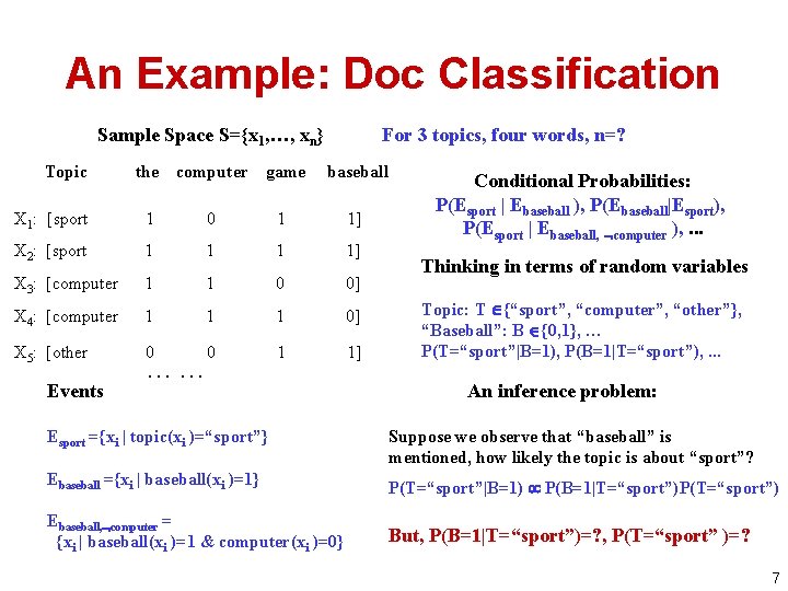 An Example: Doc Classification Sample Space S={x 1, …, xn} For 3 topics, four