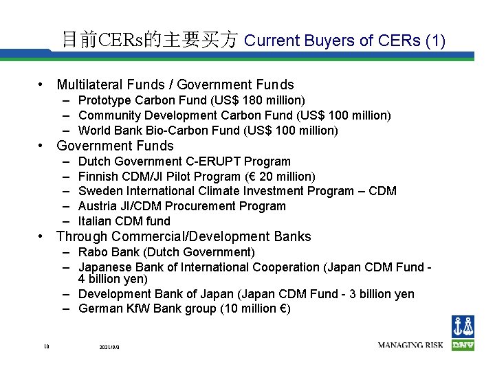 目前CERs的主要买方 Current Buyers of CERs (1) • Multilateral Funds / Government Funds – Prototype
