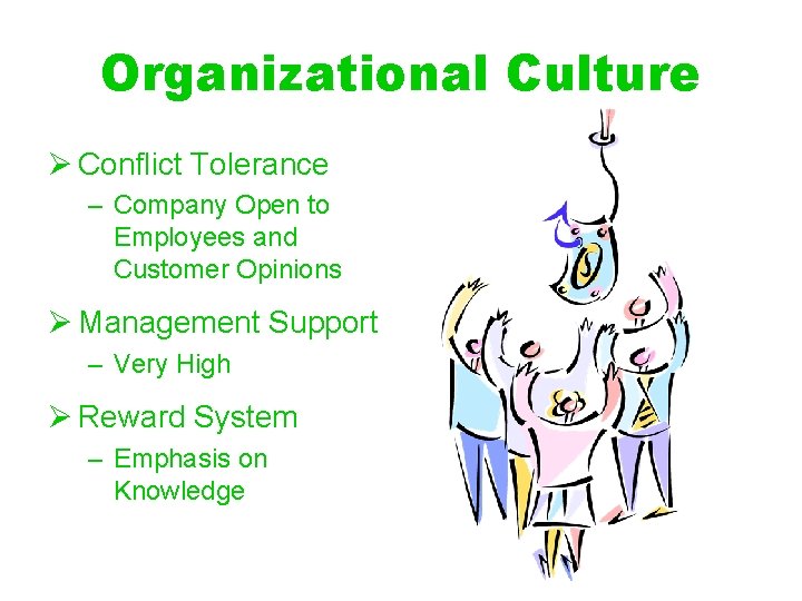 Organizational Culture Ø Conflict Tolerance – Company Open to Employees and Customer Opinions Ø