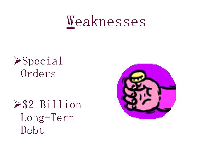 Weaknesses ØSpecial Orders Ø$2 Billion Long-Term Debt 