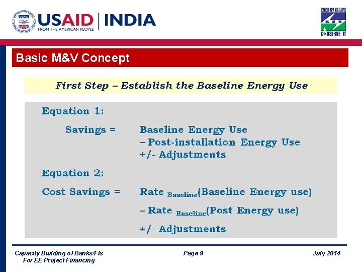 Basic M&V Concept Capacity Building of Banks/FIs For EE Project Financing Page 9 July