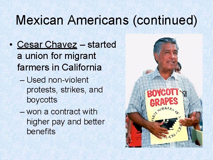 Mexican Americans (continued) • Cesar Chavez – started a union for migrant farmers in