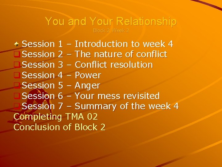 You and Your Relationship Block 2 Week 2 Session 1 – Introduction to week