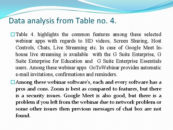 Data analysis from Table no. 4. �Table 4. highlights the common features among these