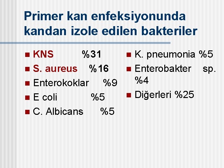 Primer kan enfeksiyonunda kandan izole edilen bakteriler KNS %31 n S. aureus %16 n