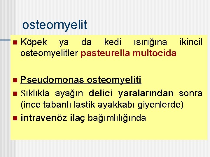 osteomyelit n Köpek ya da kedi ısırığına ikincil osteomyelitler pasteurella multocida Pseudomonas osteomyeliti n