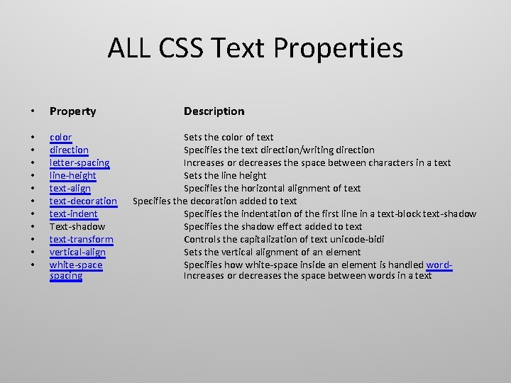 ALL CSS Text Properties • Property • • • color direction letter-spacing line-height text-align ALL CSS Text Properties • Property • • • color direction letter-spacing line-height text-align