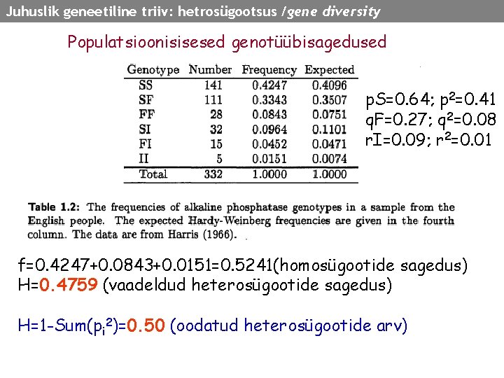 Juhuslik geneetiline triiv: hetrosügootsus /gene diversity Populatsioonisisesed genotüübisagedused p. S=0. 64; p 2=0. 41